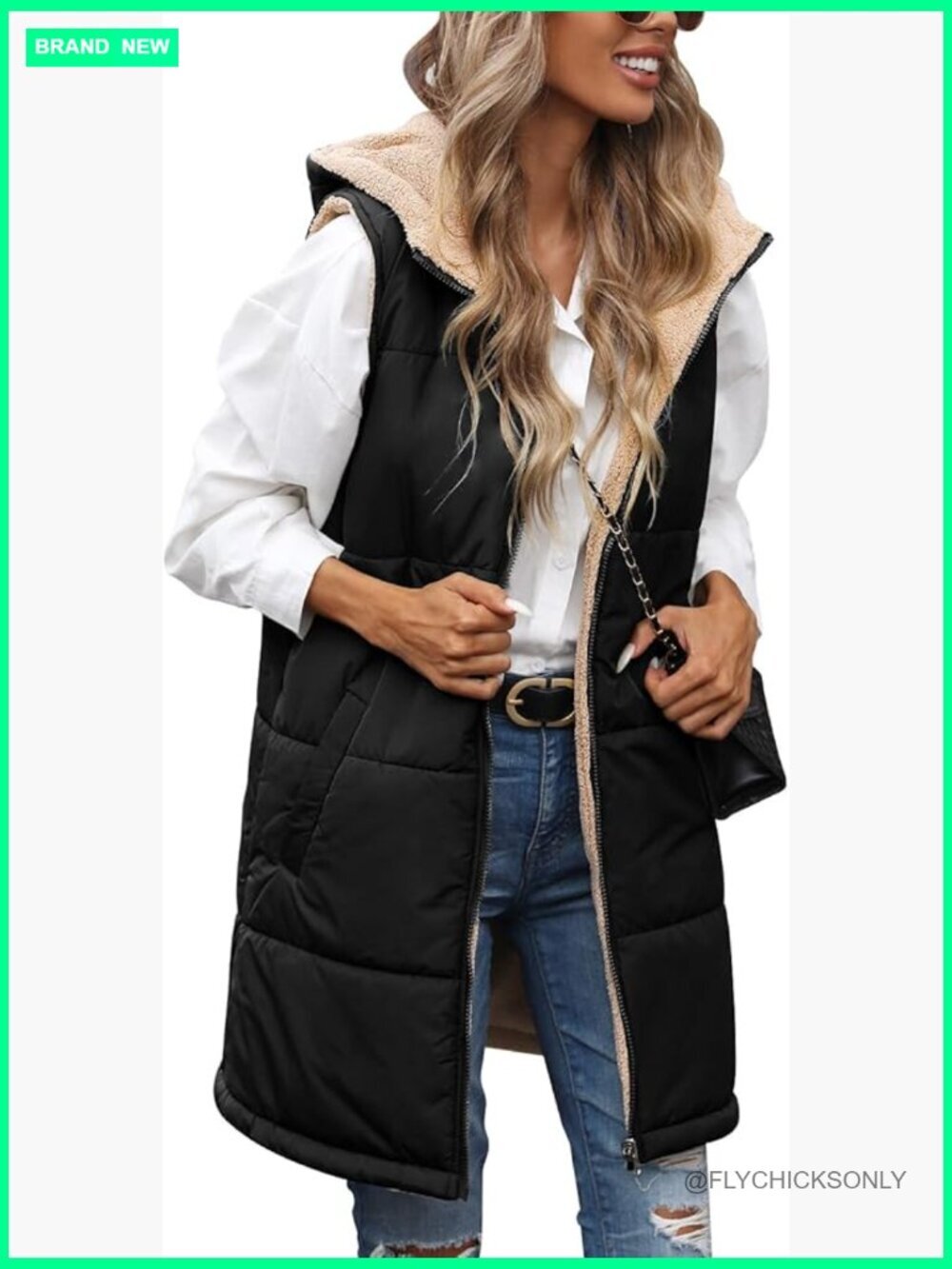 Reversible Fleece Hooded Vest with Pockets, Sleeveless Quilted Coat